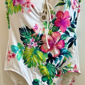 Tropical Strapless Swimsuit with ties. Gorgeous colors on a white suit size 10.
